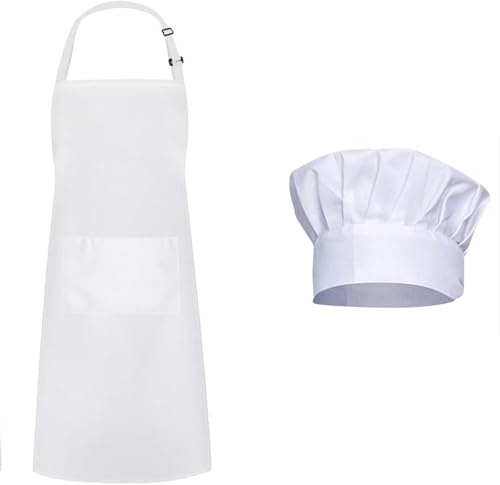 Kochmütze Schürze Weiß Verstellbar Atmungsaktiv Küche Bäcker Gastronomie | Herren damen kostüm festlich, taschen geräumig, karneval hotel restaurant, baumwolle leicht, reinigbar maschinenwäsche