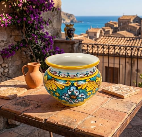 Mondocreazioni Cachepot Vaso in Ceramica siciliana Realizzato e Decorato a Mano Santo Stefano di Camastra Art. Gomes D 15