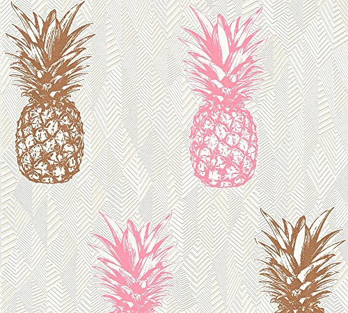 A.S. Création Vliestapete Club Tropicana Tapete mit Ananas 10,05 m x 0,53 m creme rosa weiß Made in Germany 359973 35997-3