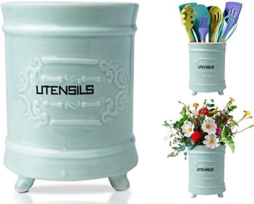 Comfify Französischer blauer Keramik-Utensilienhalter - Vintage Style Kochgeschirr Caddy - Antikes Design - Kochgeschirr Organizer - Rustikales französisches Landhausgeschirrtopf für Kochfreunde