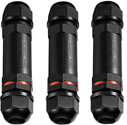 SRXWO Scatola di giunzione da 3 pezzi, IP68 Impermeabile Connettore esterno con 3 poli cavi elettrici Scatola di derivazione per cavi da 1 mm-13mm (nero, PVC) per illuminazione da giardino
