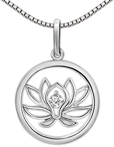 Clever Schmuck Set Silberner Damen Anhänger Lotusblüte 17 mm Ø im Silberring 1 Zirkonia mittig glänzend und Kette Venezia 42 cm STERLING SILBER 925 Blume des Lotus