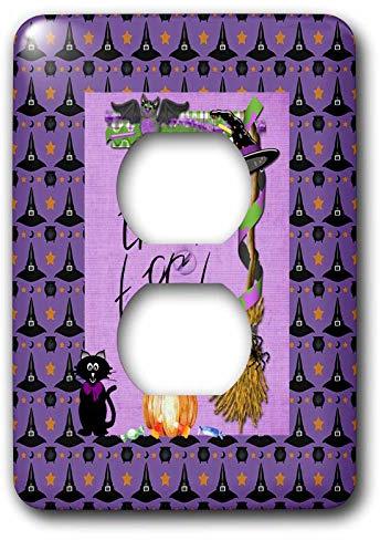 3dRose Cat, Bat, Broom, Hat, Pot, and Pumpkin, Black, Purple, Orange, Green 2 plug outlet cover