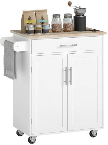 HOMCOM Kitchen Island Cart, Rolling Island Table with Solid Wood Top, Trolley Cart with Drawer, Storage Cabinet & Towel Rack, White