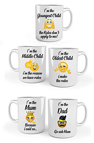 iTRONiK 5 Mugs Set Family Siblings Youngest Middle Oldest Child Mum and Dad Family Rules Mugs Set