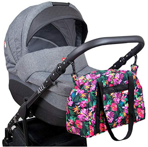 BabyLux Wickeltasche COLORFUL Kinderwagen Buggy Große Handtasche Babytasche mit Befestigung für Mutter Handtasche (81. Schwarz + Hibiskus)