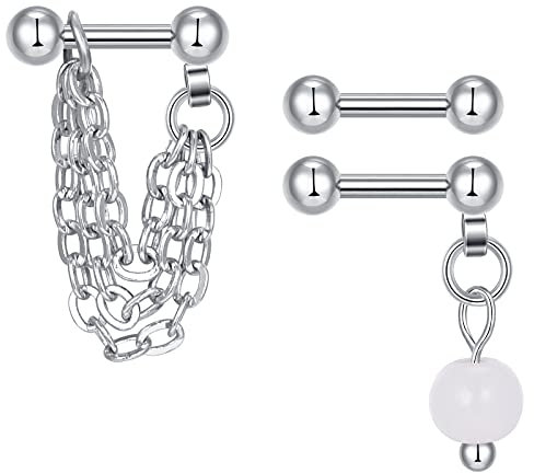 Briana Williams 2stk Silber Ohrknorpel Stecker mit Kette 16G Knorpel Helix Cartilage Tragus Ohrringe Piercing Schmuck Doppelkette Baumeln Chirurgenstahl