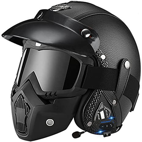 Casque 3/4 Open Face Rétro Casque De Protection Vintage Casque Mobylette Bols Hommes Ouvert Casque Moto Jet Bluetooth Casques Motocross Adulte Demi-Casque Femmes,Black 1,L