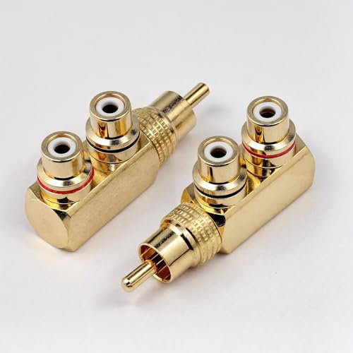 RHINORO (Paquete de 2) conectores divisor de cobre RCA en ángulo derecho mono Y macho a hembra para audio AV TV adaptador de vídeo Phono cable cable