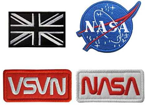 4 PCS UK and NASA Logo Iron on Sew on Patches, Tactical NASA Badge Patch NASA Logo Military Embroidered Patches for DIY Kids Children Clothing Team Clothes Caps Bags Backpack Uniform