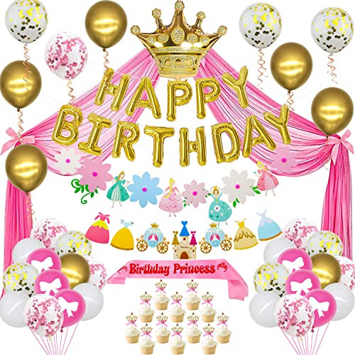 Mädchen Prinzessin Geburtstagsdeko,Bringen Tüll Hintergrund, Happy Birthday Banner,Luftballons, Schärpe, Tortenaufsatz, Prinzessin Kronen Luftballons, Passend für Mädchen Geburtstagsdekorationen