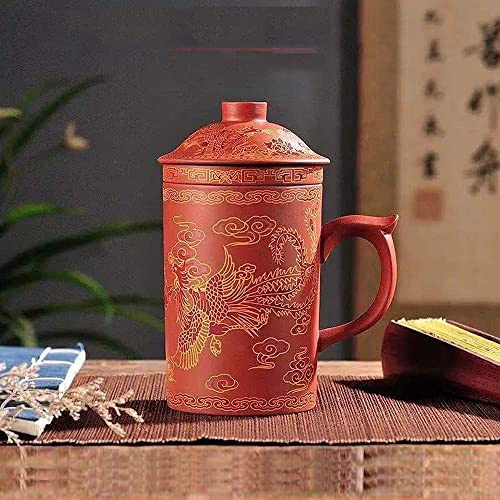 Teetasse aus Keramik, handbemalt, violett, Ton, Teetasse mit Deckel und Teesieb, 370 ml, Yixing Zisha Wasserbecher, Trinkgeschirr für Büro Zuhause (roter Phoenix)