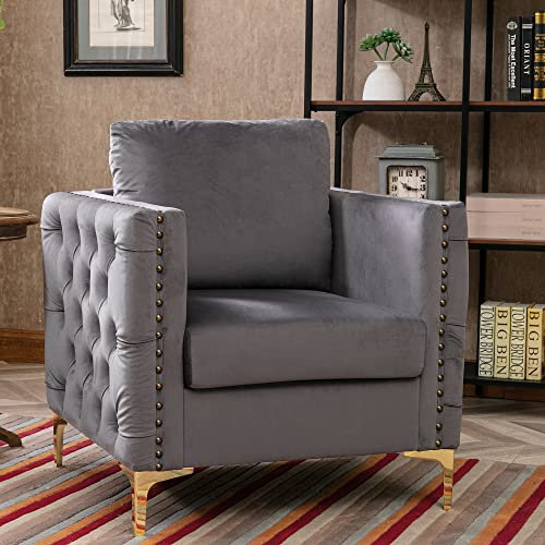 Moderner Samtstuhl, Chesterfield-Sessel, Relaxsessel, Ohrensessel, Einzelsessel, Lesesessel, XXL Sessel mit einem Kissen, modische Nieten und getuftete Knöpfe mit goldenen Metallbeinen (Grau)