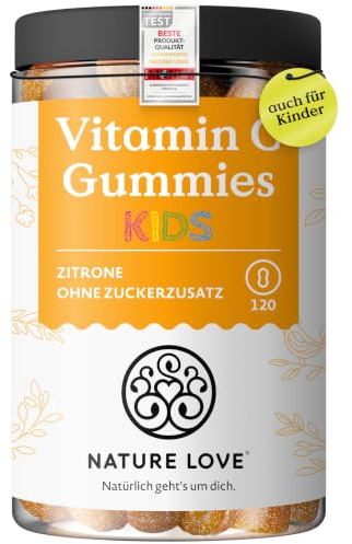 NATURE LOVE® Vitamin C Gummies – 120 Stück – 120mg pro Tagesdosis für Erwachsene, 40mg für Kinder – ohne Zuckerzusatz oder Süßungsmittel – Gummibärchen mit 91% Fruchtanteil – vegan und laborgeprüft