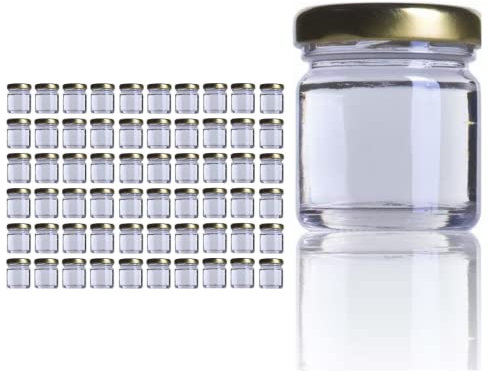 Aucomptoirdesflacons 60 x Mini bocaux en verre 40ml avec couvercle (Or/Argent/Blanc/Noir) + 1 spatule-cuillère en inox (Miel, confiture, pâté, marmelade, bonbons..) - Made in France (Blanc)