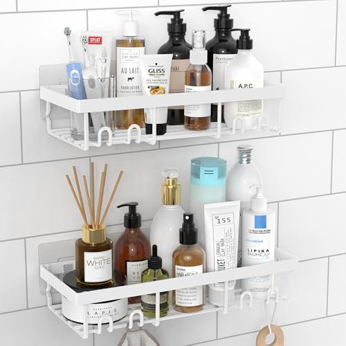 DIFULI Shower Caddy Shelf Organiser 2 Pack, No Drill White Shower Shelves, Self Adhesive Bathroom Caddy, Shower Storage Accessories