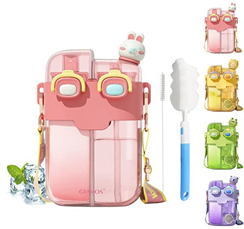RUYI Botella de agua para niños de 780 ml, a prueba de fugas, sin BPA, doble propósito, con pajita y correa, botella de agua Kawaii para escuela, bicicleta, gimnasio, con cepillo de limpieza y