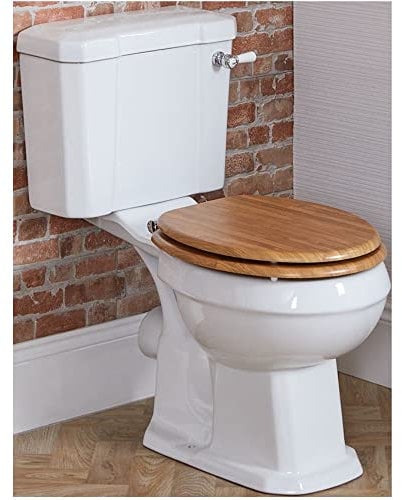Milano Richmond Comfort Height Close Coupled Toilet WC Oak Effect Seat - Chrome White Handle