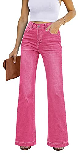 Roskiky Jeans da donna, larghi, a vita alta, elasticizzati, da donna, Rosa caldo, S