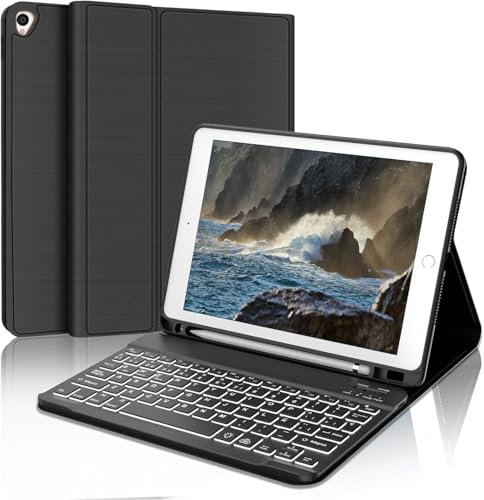 WAVATA Teclado Funda para iPad 9ª 2021| Teclado para iPad 8ª Gen/iPad 7ª Gen, Teclado para iPad Air 3 y iPad Pro 10.5 2017, Teclado Español Bluetooth Inalámbrico Desmontable con Retroiluminado- Negro