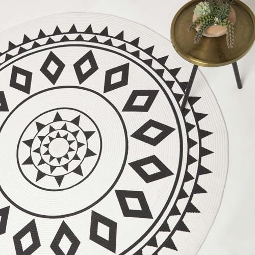 Homescapes Runder Teppich Lia schwarz-weiß Gemustert 200 cm, Baumwoll-Teppich geflochten, Teppich rund geometrisch