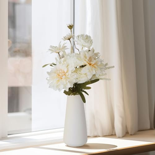 BLOSMON Kunstblumen Blumenstrauß mit Keramik Vase: Künstliche Blumen Weiß Blumengestecke wie echt im Weiße Topf für Geschenk Wohnzimmer Deko Schlafzimmer Hochzeit Dekoration Zuhause Tischdeko