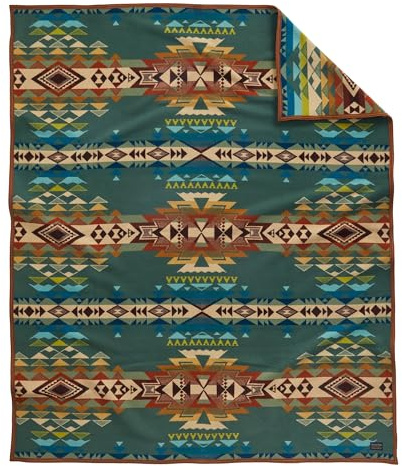 Pendleton Jacquard Napped Throw Blanket 64 x 80 - Wool Cotton, Reversible, Lightweight, Soft, Wool Felt Binding, Packable Blanket for Home and Travel - Highland Peak Balsam
