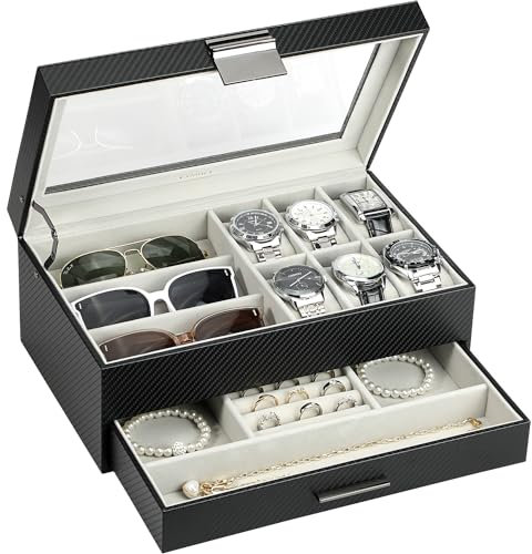 LANDICI Watch Box Organiser Jewellery box for Men Women, 2 Layer 6 Slot PU Leather Watch Storage Case with Glass Top, Large Jewelry Display Holder for Sunglasses Necklace Earring Ring (Black+Gray)
