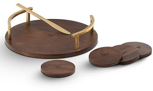 Melvvi Wooden Serving Tray cum Cake Stand - Acacia Wood Cake Stand with Metal Legs - Table Decor Set with Serving Tray, 4 Coasters & a Knife for Display, Dessert Table, Candle, Plant