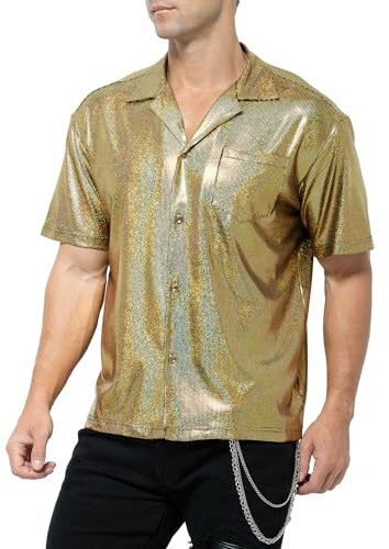 Casey Kevin Men's Short Sleeve Shirts Metallic Shiny Collared Nightclub Button Down Shirts CK3406 Gold Large