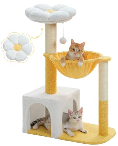 MUTTROS Cute Cat Tree with Flower Top Bed - Cloud Scratching Posts, 35 Small Cat Tower with Large Metal Frame Hammock for Indoor Cats, White Cat Condo for Kittens, Yellow