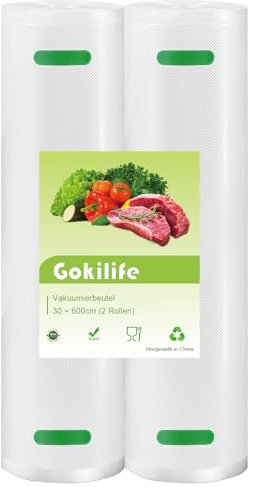 Gokilife Vakuumierbeutel - 2 Rollen 30x600cm Reißfest ca. 450µm, Vakuumierfolie für alle Vakuumierer & Lebensmittel Vakuumiergerät, Profi Folienrollen BPA-frei, Kochfest und Sous Vide Gefrierbeutel