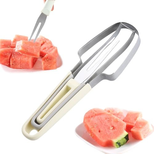 3-in-1 Obstschneider aus Edelstahl, 2024 Neu Wassermelonen Schneider, Melonenausstecher, Melonenschneider Edelstahl, Sommer Wassermelonen-Fruchtschneidegabel (Beige)