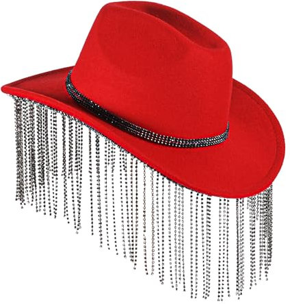 Cowboyhut für Damen, Strass, breite Krempe, Diamant-Glitzer, Western-Cowboyhut, Größe: M / L, Rot-schwarze lange Quasten, M-L
