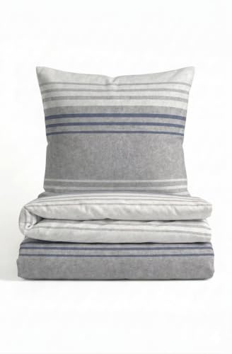 biberna Premium Melange-Flanell Bettwäsche 155x220 cm blau | Biber 2-teilig mit Kissenbezug 80x80 cm | 100% Baumwolle | wärmend & weich | Reißverschluss | Winterbettwäsche | Streifen | Modell 0840516