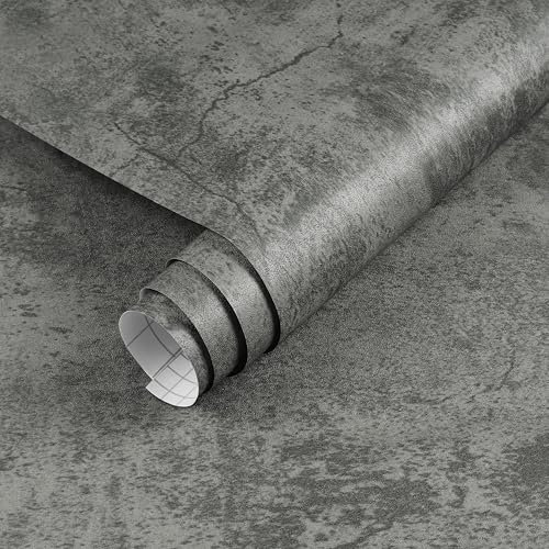ReWallpaper Self Adhesive Wallpaper Grey Vinyl Wrap for Furniture Kitchen Worktop Covering Grey Concrete Wallpaper for Living Room Dark Vintage Contact Paper for Kitchen Countertops 40cm×3m
