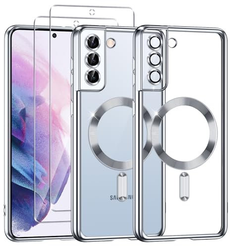 Phoona Coque Magnétique pour Samsung S21 5G avec 2 Pièces Verre Trempé, Compatible avec MagSafe, Résistante aux Rayures, Résistante aux Chocs, Mince et Transparente, Argenté