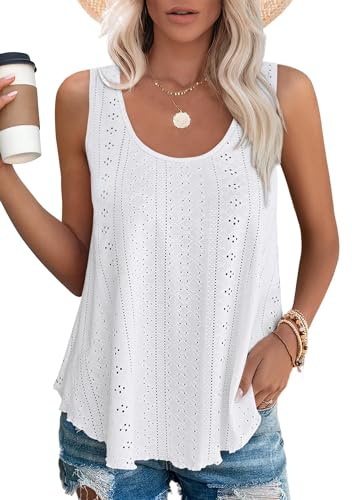 Yunmlep Tops for Women Vest Summer Scoop Neck Eyelet Embroidery Casual Strap Camisole Loose Sleeveless Ladies Tops (A-White, M)