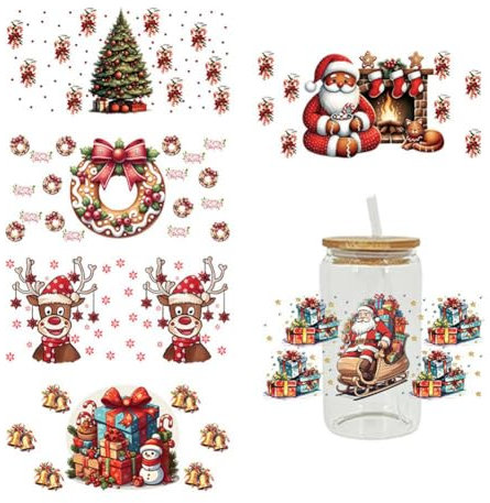 WSRRDRECVHi UV DTF Transfers Stickers, Mixed Color, 1 Sheet, 9.8x4.7 Inches, Vinyl, Transfer Stickers, Christmas Decals for Glass Tumblers, 16oz Cups