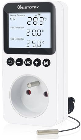 KETOTEK Prise Thermostat Jour/Nuit avec Rétro-éclairage, Régulateur de Température Numérique 220V avec Minuterie, Sonde de 3 Mètres, pour Reptile Terrarium Incubateur