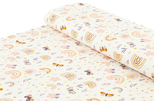Baumwoll - Jersey Stoff Kinderstoff lila Regenbogen Schmetterlinge - Meterware ab 25 cm x 150 cm