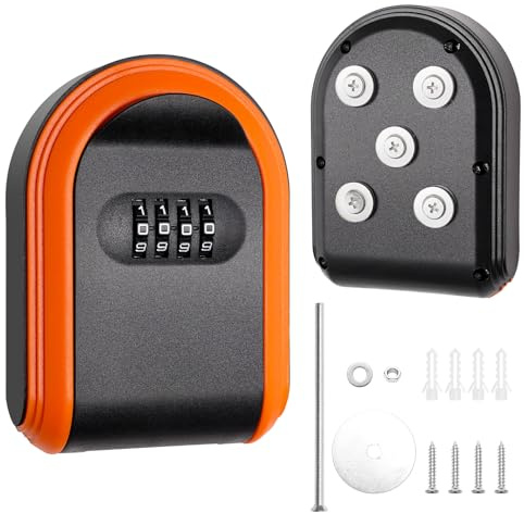 Coldairsoap Magnetic Key Holder with Lock Box - Hidden Under Car Mount, 4-Digit Combination Lock with Resettable Code for Indoor, Outdoor Storage (Orange+Black)