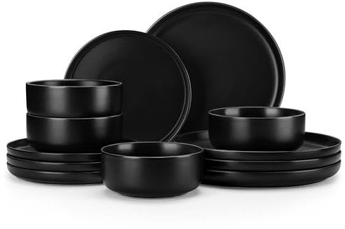 MALACASA 12 Pieces Modern Porcelain Dinner Set for 4, Black Plates and Bowls Sets, Kitchen Crockery Set Ceramic Dinnerware Sets, Microwave and Dishwasher Safe, Series Luna