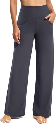 G4Free Yoga Hose Damen Weites Bein Hohe Taille Yogahose mit Taschen Jogginghose Strecken Locker lässig Sporthose(Petite,Dunkelgrau,XXL)