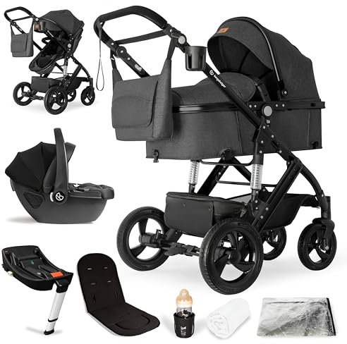 Bergsteiger Nizza 3 in 1 Kinderwagen, Kombikinderwagen Komplettset, Auto-Babyschale & Isofix Station, Babywanne & Buggy Sportsitz inklusive