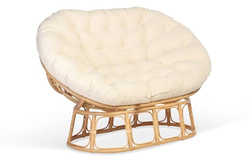 Desser Natural Rattan Double Papasan Chair with Cushion - Mamasan Sofa Adjustable Indoor 2 Seater Loveseat with UK Made Padded Cushions in Vanilla - Fully Assembled - H97 x W170 x D85cm