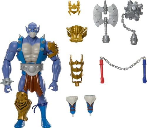 Masters of the Universe Origins & Thundercats ca. 14 cm große, bewegliche Actionfigur Panthro, 1980er Crossover-Spielzeug, abnehmbare Rüstung, Streitkolben und Axt und Mini-Comic, JFW97