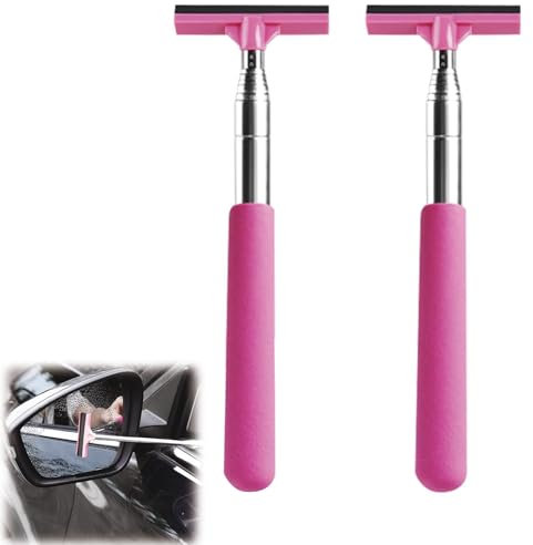 2 Window Squeegee, Wing Mirror Squeegee Car Window Squeegee, Car Mirror Wiper, Retractable Car Mirror Wiper with Telescopic Long Handle, Snow Brush & Ice Scraper Car Accessories Cleaner Tool (Pink)