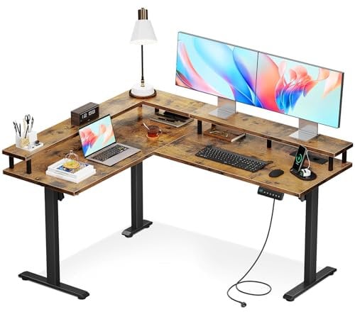 OffiGo Eckschreibtisch Höhenverstellbar, 150x120cm Schreibtisch Höhenverstellbar mit Steckdose, Elektrischer Schreibtisch L Form mit Monitorständer, Rustikales Braun