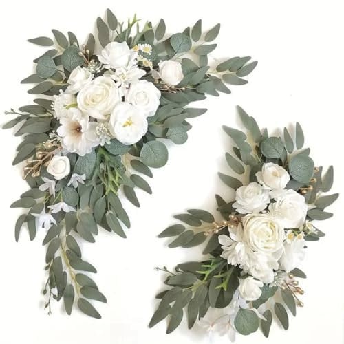 AQCQDQ 2 Stück Künstliche Hochzeitsbogen Blumen Set, Blumen Girlande Hochzeitsbogen Blumen Kit, Hochzeitsblumen, Girlanden, Seide, Pfingstrose, Hochzeit, Willkommensschild (weiß,2 Stück)